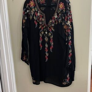 Johnny Was Black Top with Colorful Embroidery